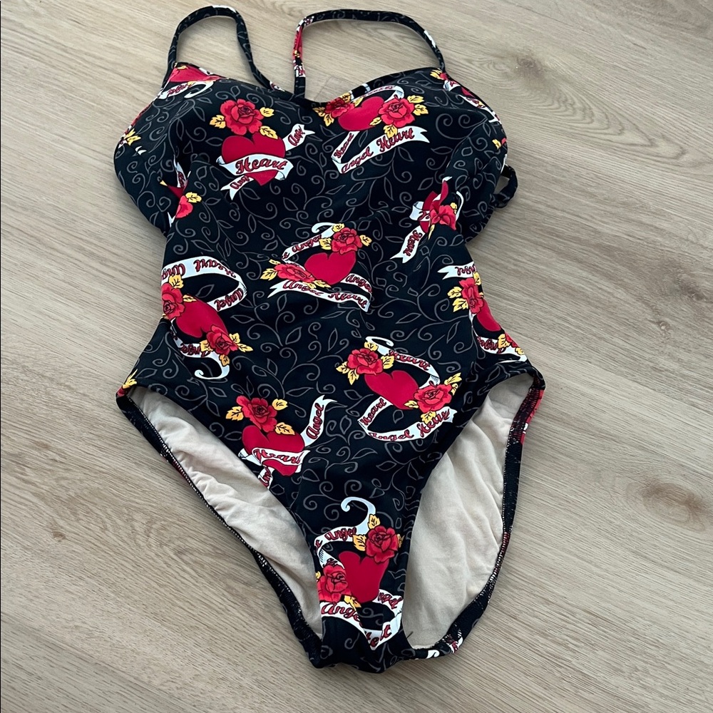 Retro Tattoo Heart One-Piece Swimsuit - Black with Red Accents